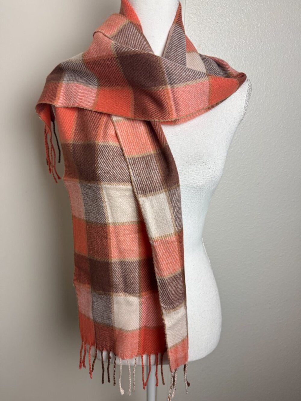 Soft Scarf Plaid Fringe Orange & Brown Like NEW